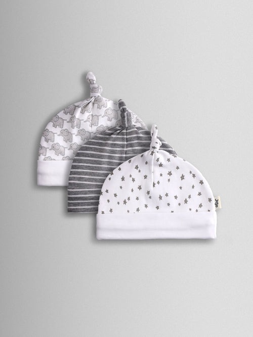JoJo Maman Bébé Grey 3-Pack Elephant, Stripe & Star Baby Hats image 1