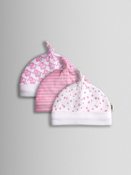 JoJo Maman Bébé Pink 3-Pack Elephant, Stripe & Star Baby Hats image 1