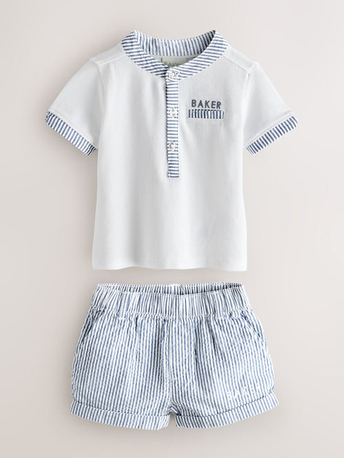 Baker by Ted Baker Grandad Collar White/Blue Shirt and Stripe Shorts Set image 1