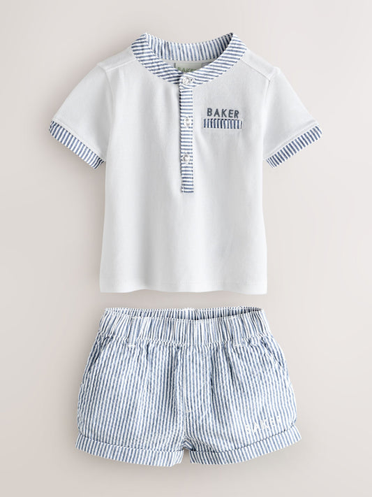 Baker by Ted Baker Grandad Collar White/Blue Shirt and Stripe Shorts Set image 1