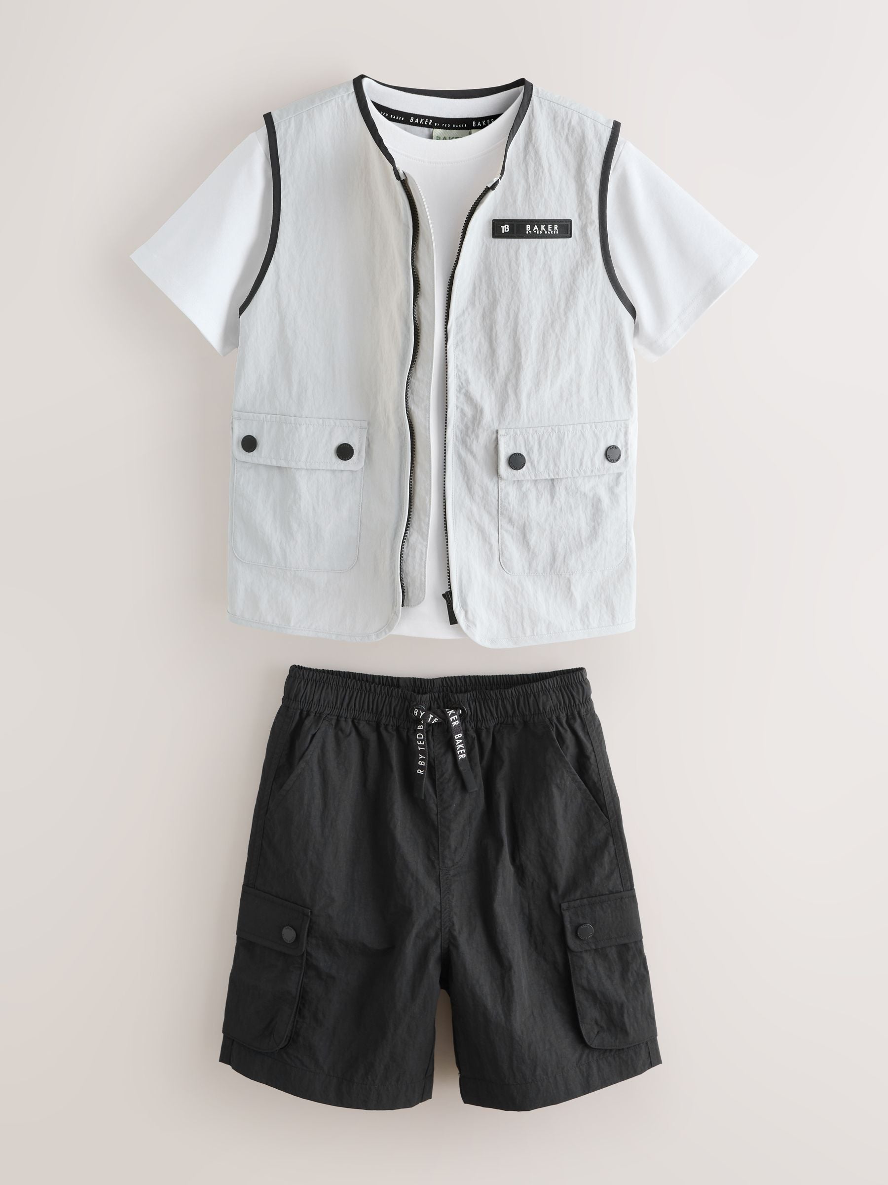 Baker by Ted Baker Grey/Black Gilet, T-Shirt and Cargo Shorts 3 Piece Set image 10