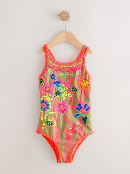 Orange Floral Embroidered Double Strap Swimsuit (3-16yrs) image 5