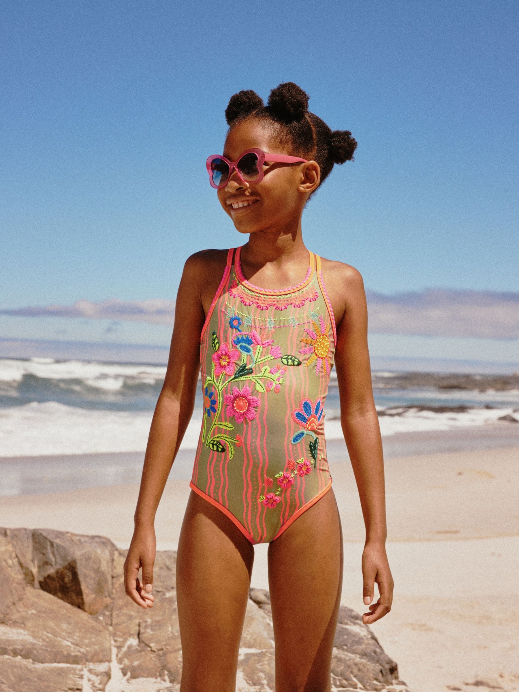 Orange Floral Embroidered Double Strap Swimsuit (3-16yrs) image 1