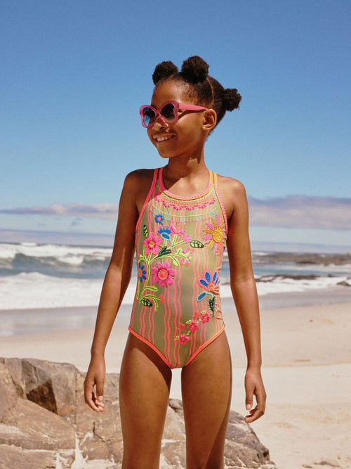 Orange Floral Embroidered Double Strap Swimsuit (3-16yrs) image 1