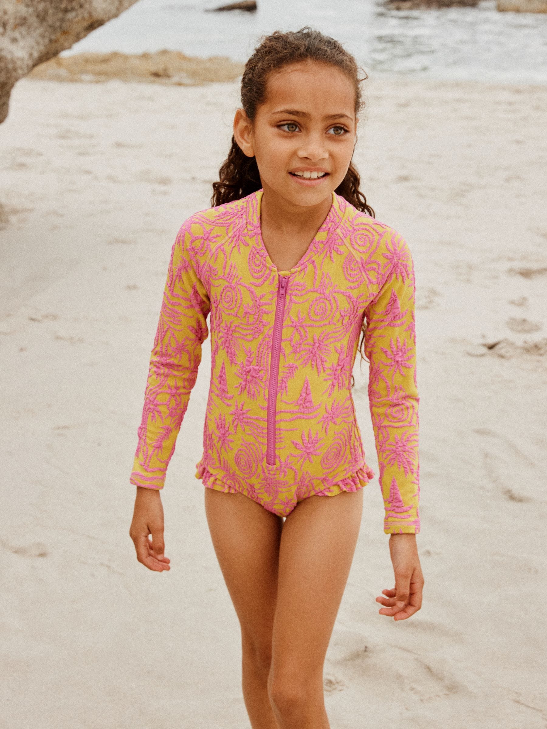Dsiney Kidz - Pink/Yellow Textured Long Sleeve Sunsafe Swimsuit (3-16yrs) image 1