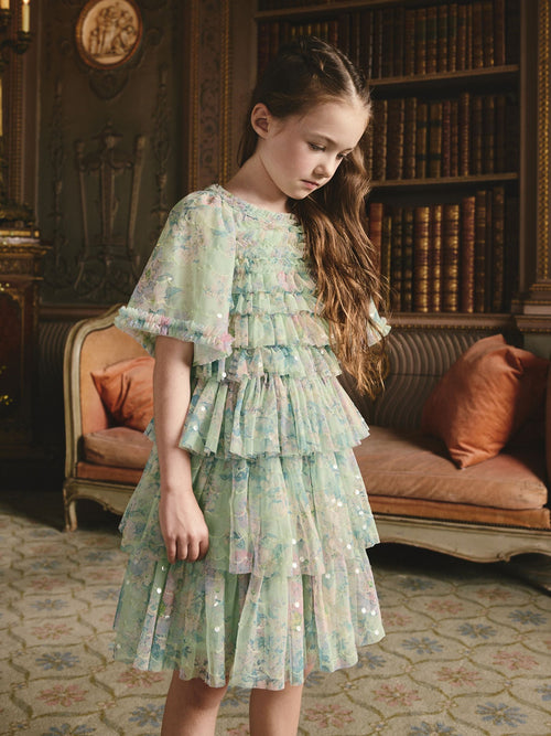 Dsiney Kidz - Mint Green Floral Sequin Ruffle Mesh Occasion Dress (3-16yrs) image 1