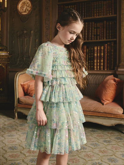 Mint Green Floral Sequin Ruffle Mesh Occasion Dress (3-16yrs) image 1
