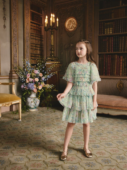 Mint Green Floral Sequin Ruffle Mesh Occasion Dress (3-16yrs) image 2