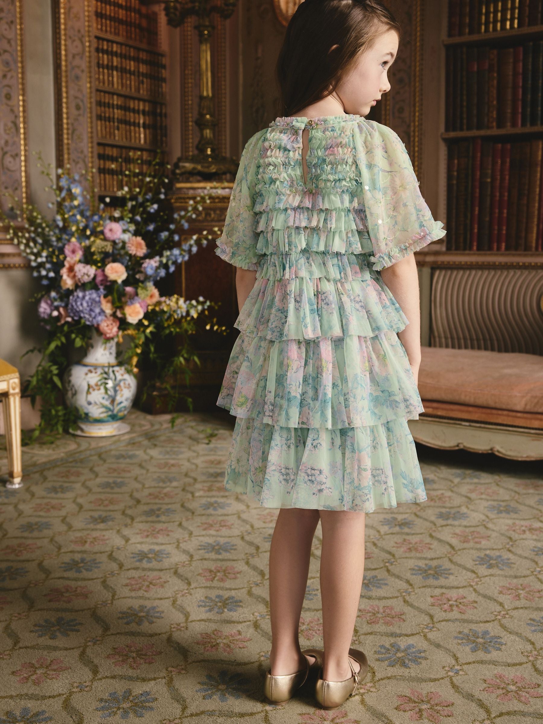 Mint Green Floral Sequin Ruffle Mesh Occasion Dress (3-16yrs) image 3