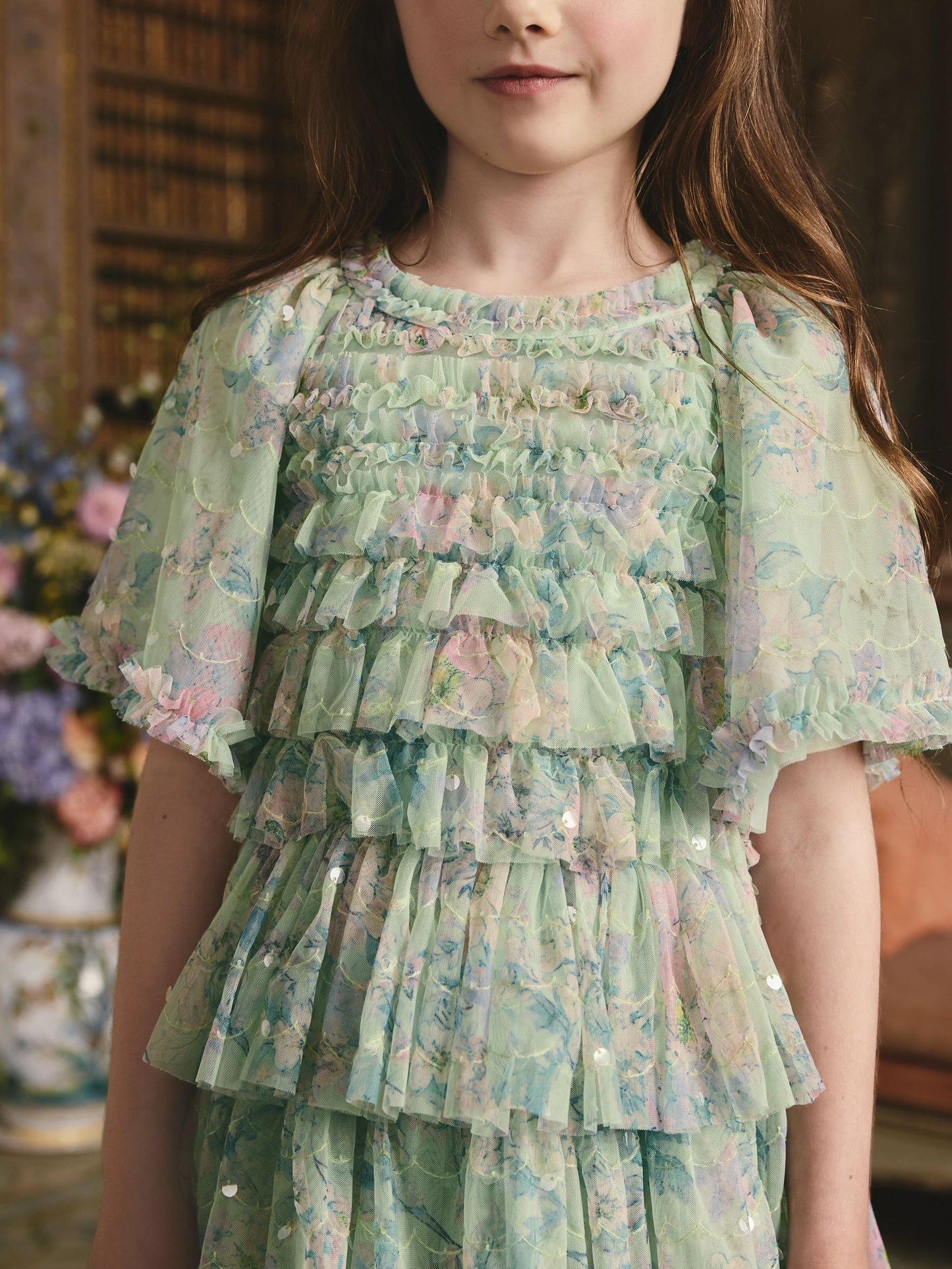 Mint Green Floral Sequin Ruffle Mesh Occasion Dress (3-16yrs) image 4