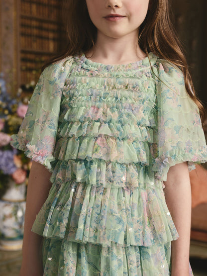 Mint Green Floral Sequin Ruffle Mesh Occasion Dress (3-16yrs) image 4