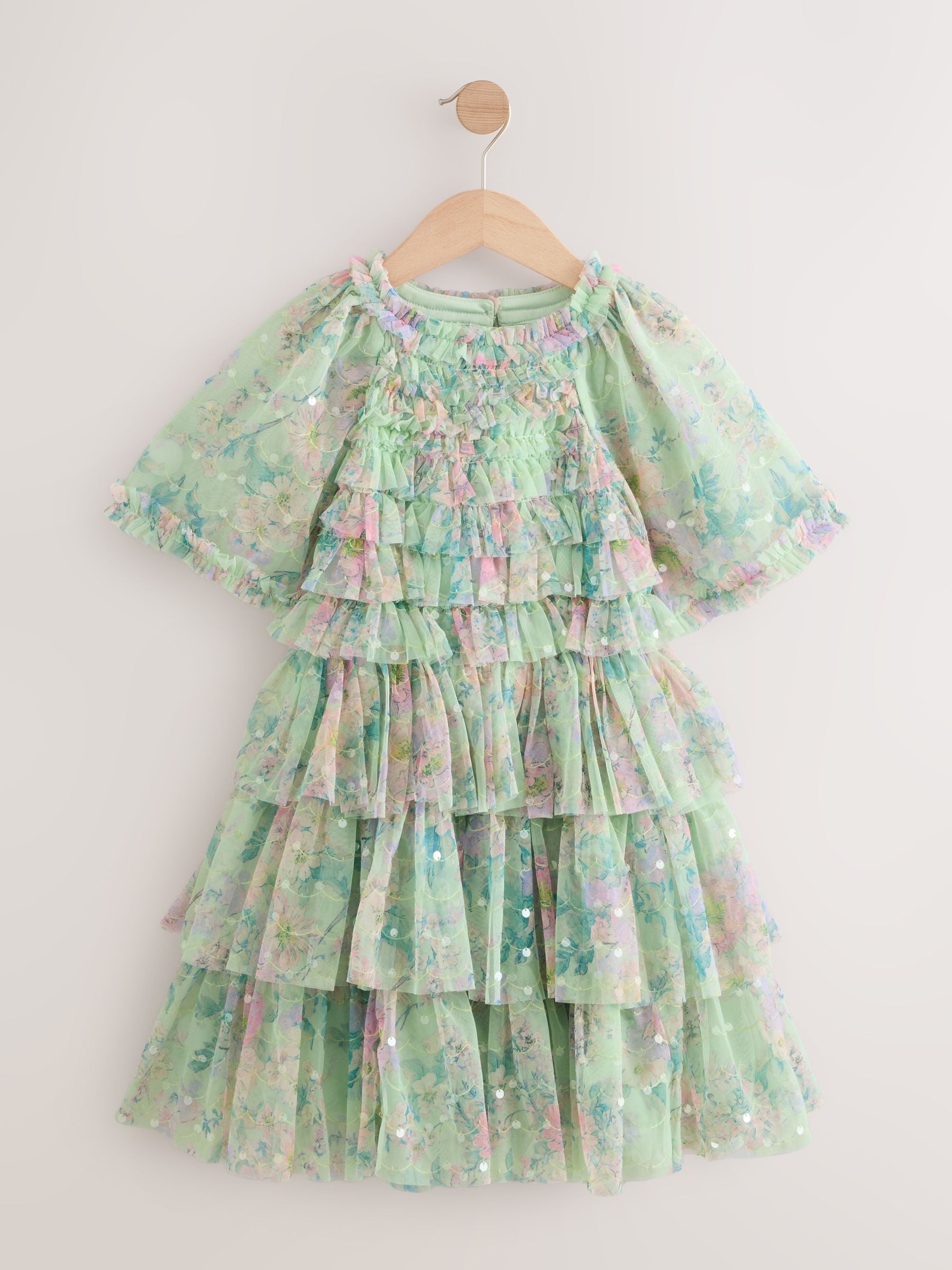 Mint Green Floral Sequin Ruffle Mesh Occasion Dress (3-16yrs) image 5