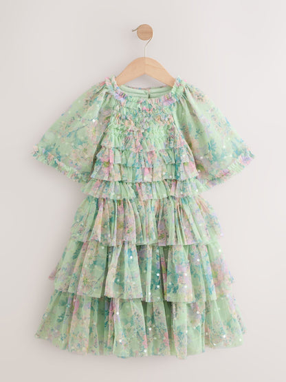 Mint Green Floral Sequin Ruffle Mesh Occasion Dress (3-16yrs) image 5