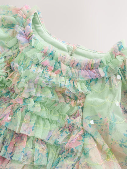Mint Green Floral Sequin Ruffle Mesh Occasion Dress (3-16yrs) image 7