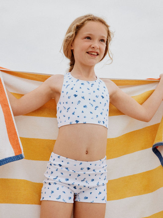 White/Blue Ditsy Floral Short Bikini (3-16yrs) image 1