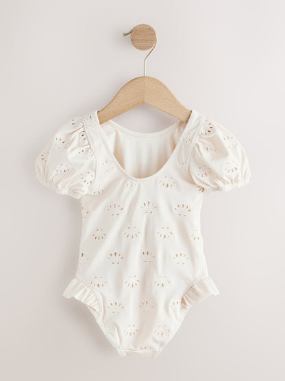 White Embriodered Puff Sleeve Swimsuit (3mths-7yrs) image 8
