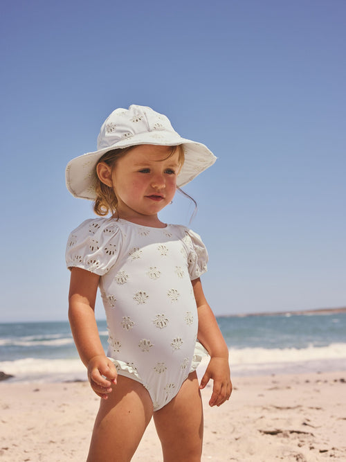 White Embriodered Puff Sleeve Swimsuit (3mths-7yrs) image 1