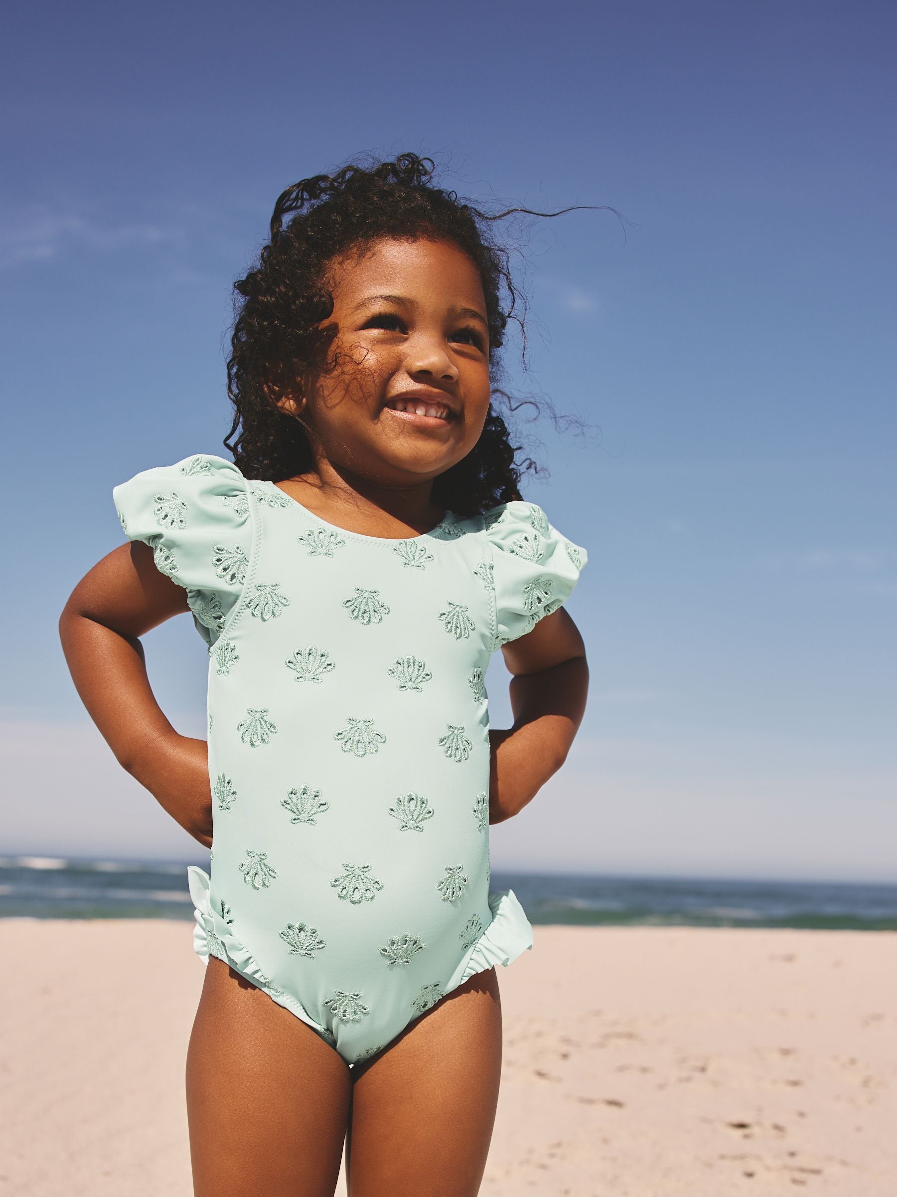 Sage Green Embroidered Puff Sleeve Swimsuit (3mths-7yrs) image 1