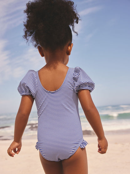 Navy Blue Cherry Stripe Puff Sleeve Swimsuit (3mths-7yrs) image 2