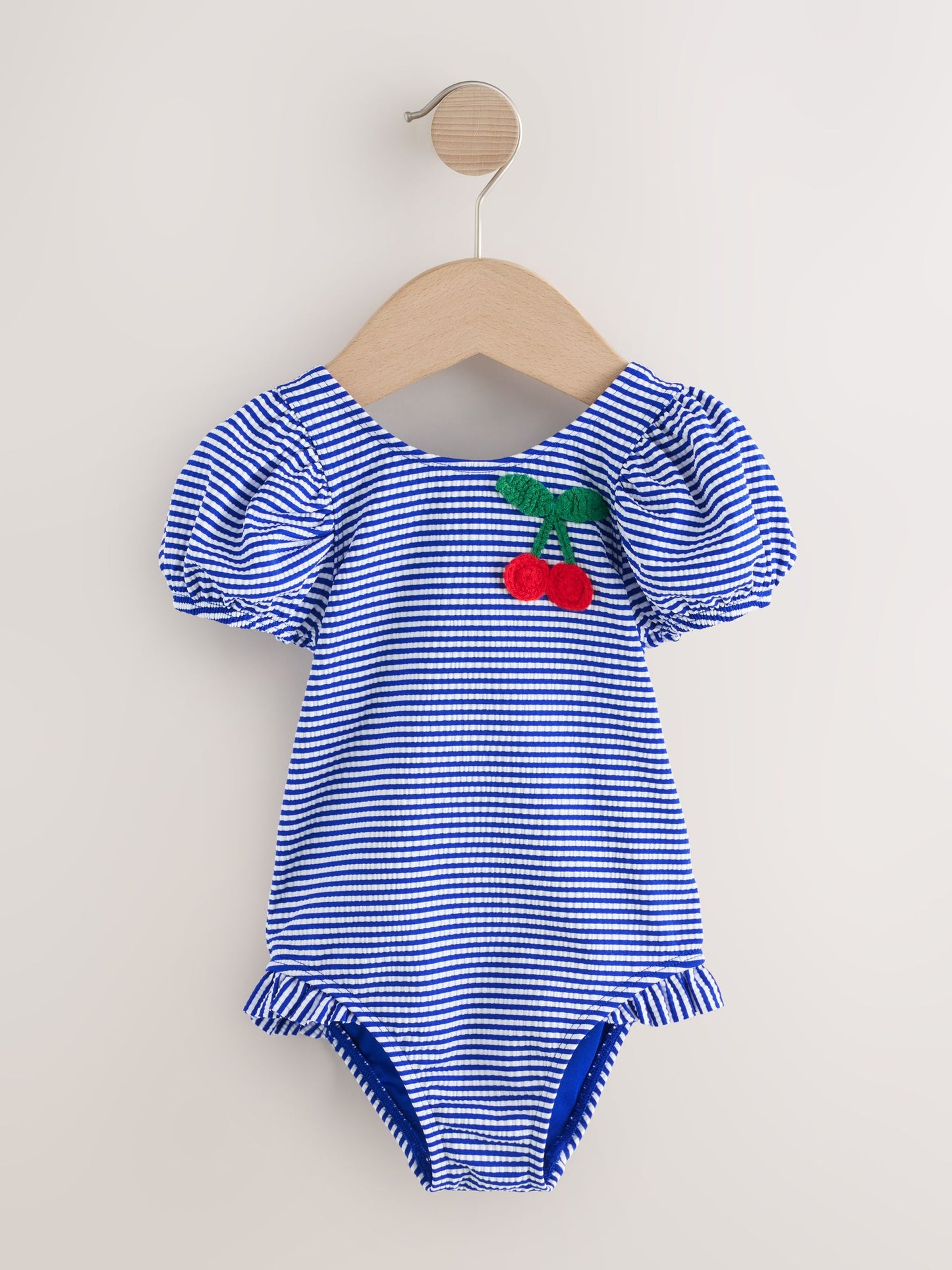 Navy Blue Cherry Stripe Puff Sleeve Swimsuit (3mths-7yrs) image 5