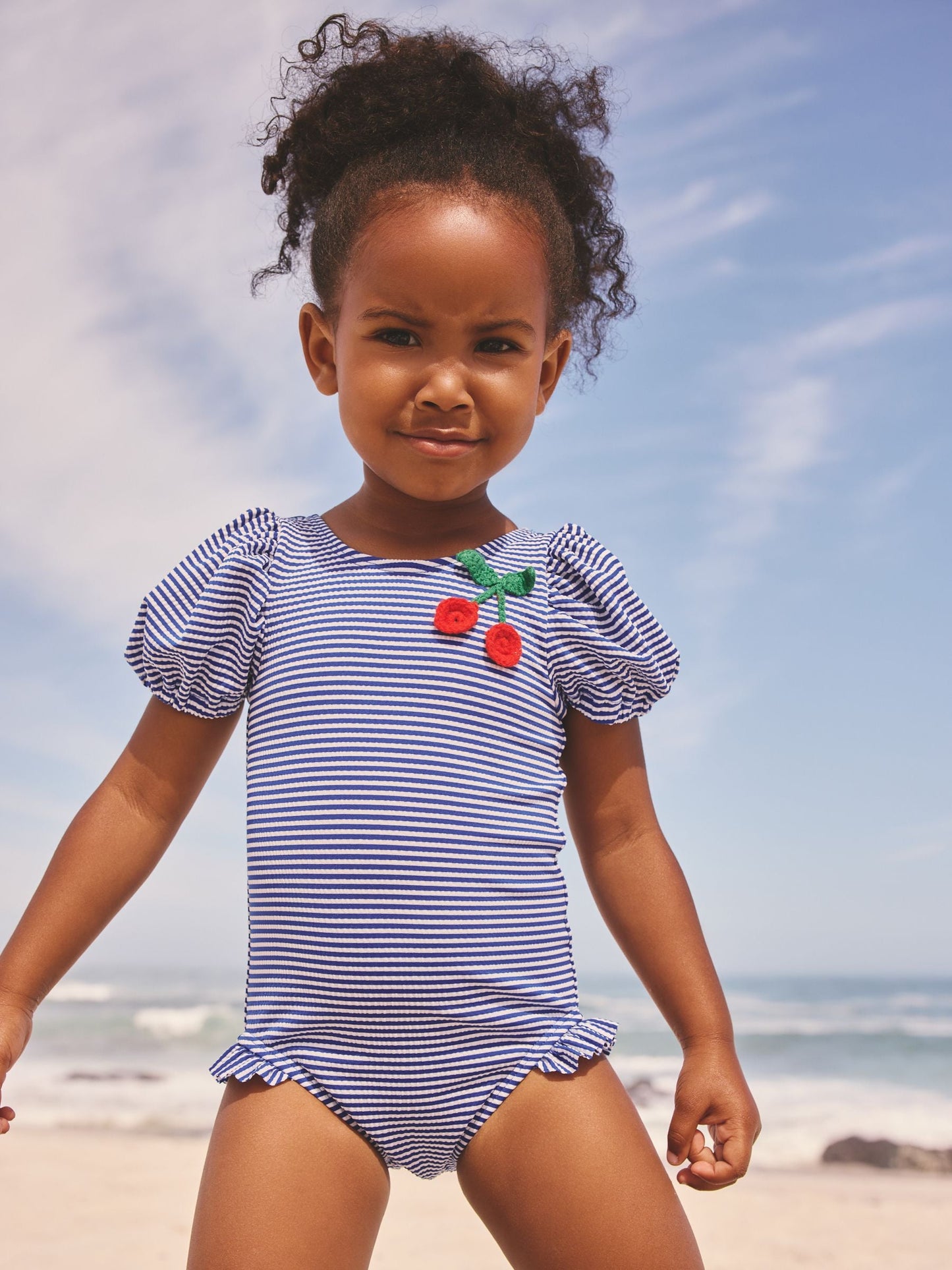 Navy Blue Cherry Stripe Puff Sleeve Swimsuit (3mths-7yrs) image 1