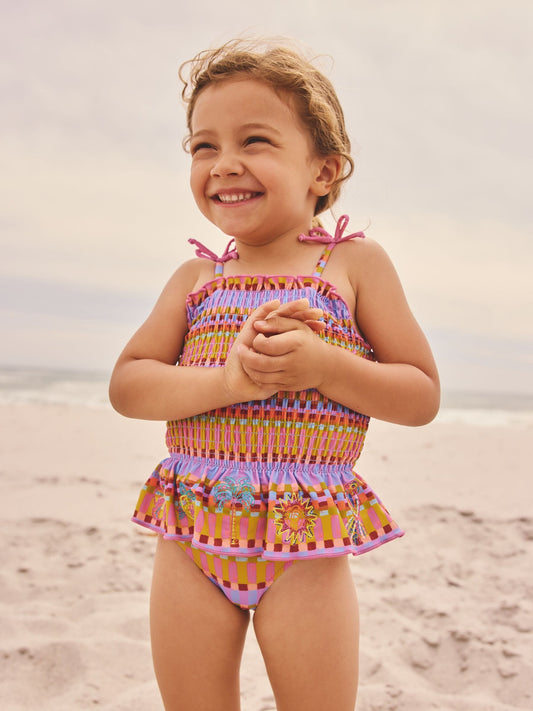 Purple/Orange Embroidered Shirred Swimsuit (3mths-10yrs) image 1