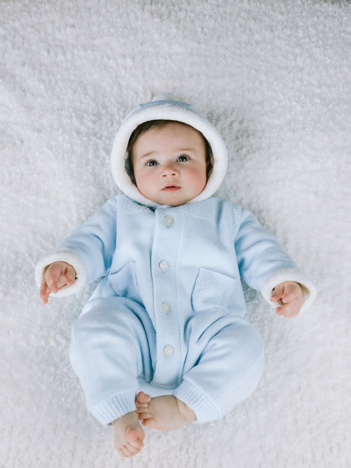 Emile Et Rose Blue Kane Knitted Pramsuit With Pockets Fur Trim And Pom-Pom image 1