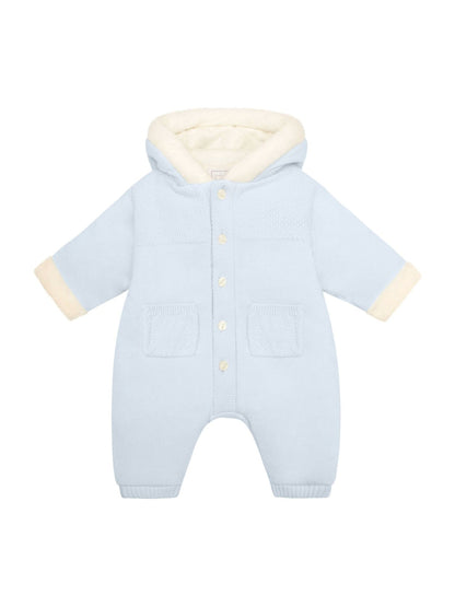 Emile Et Rose Blue Kane Knitted Pramsuit With Pockets Fur Trim And Pom-Pom image 2