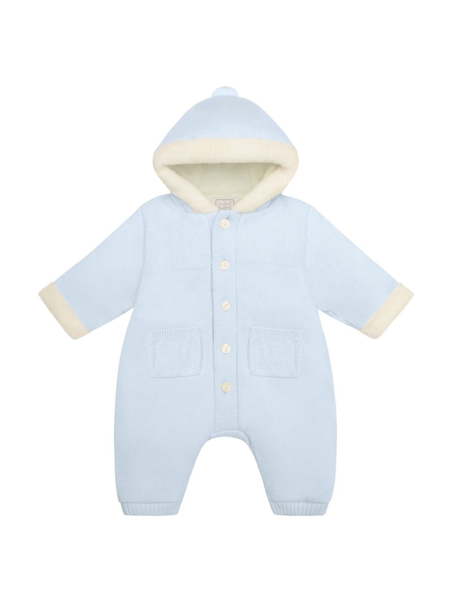 Emile Et Rose Blue Kane Knitted Pramsuit With Pockets Fur Trim And Pom-Pom image 4