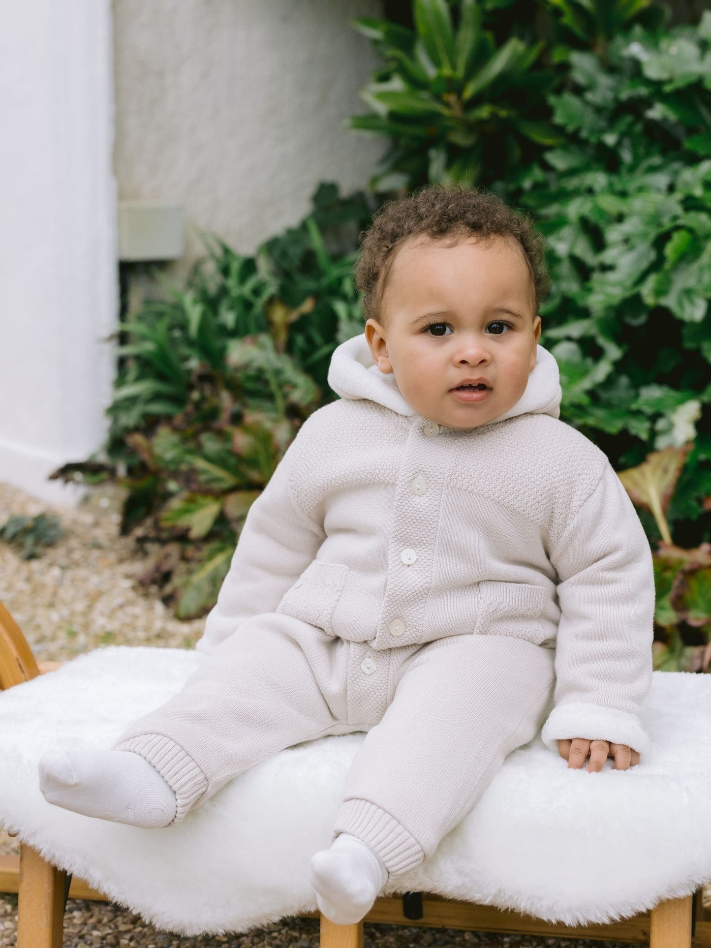 Emile Et Rose Natural Kane Knitted Pramsuit With Pockets Fur Trim And Pom-Pom image 1