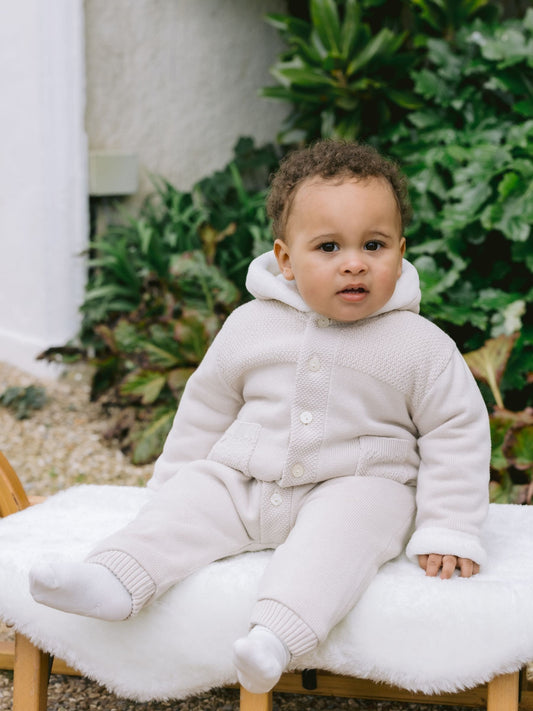 Emile Et Rose Natural Kane Knitted Pramsuit With Pockets Fur Trim And Pom-Pom image 1