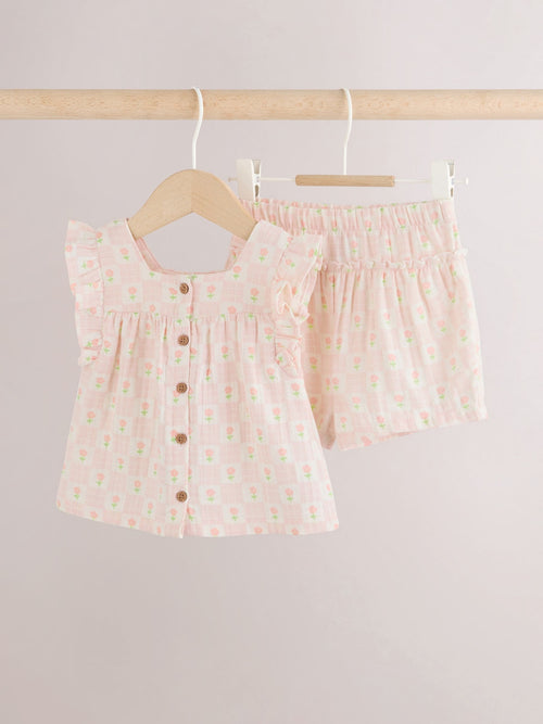Dsiney Kidz - Ecru Pink Floral Woven Baby Top and Shorts Set 2 Piece (0mths-2yrs) image 1