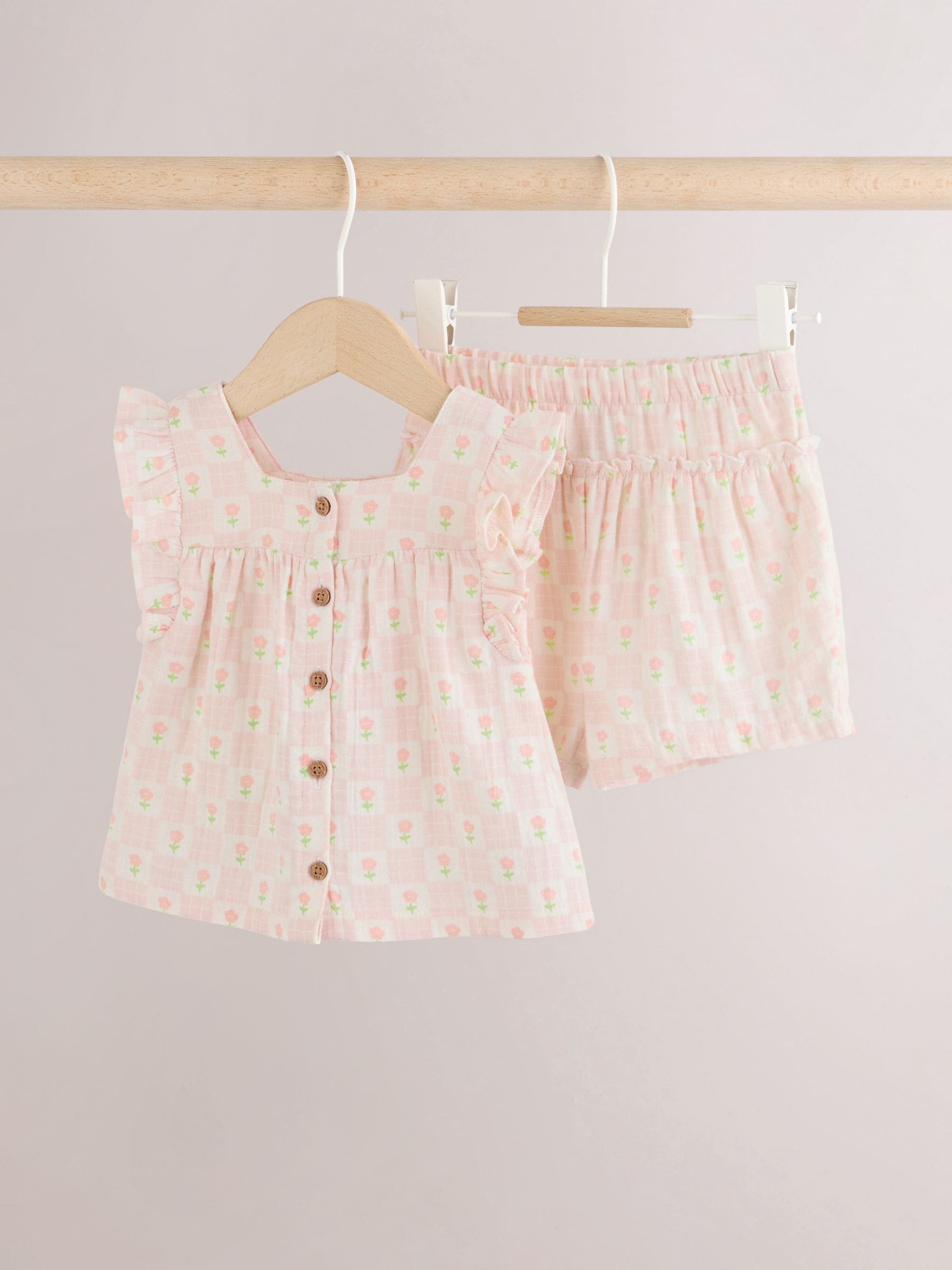 Ecru Pink Floral Woven Baby Top and Shorts Set 2 Piece (0mths-2yrs) image 4