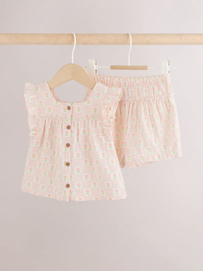Ecru Pink Floral Woven Baby Top and Shorts Set 2 Piece (0mths-2yrs) image 4
