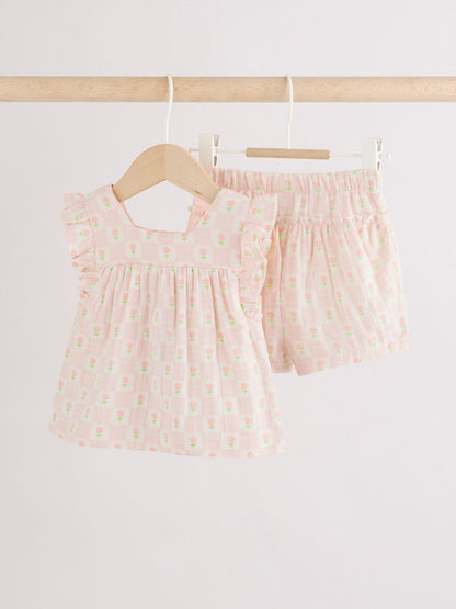 Ecru Pink Floral Woven Baby Top and Shorts Set 2 Piece (0mths-2yrs) image 7