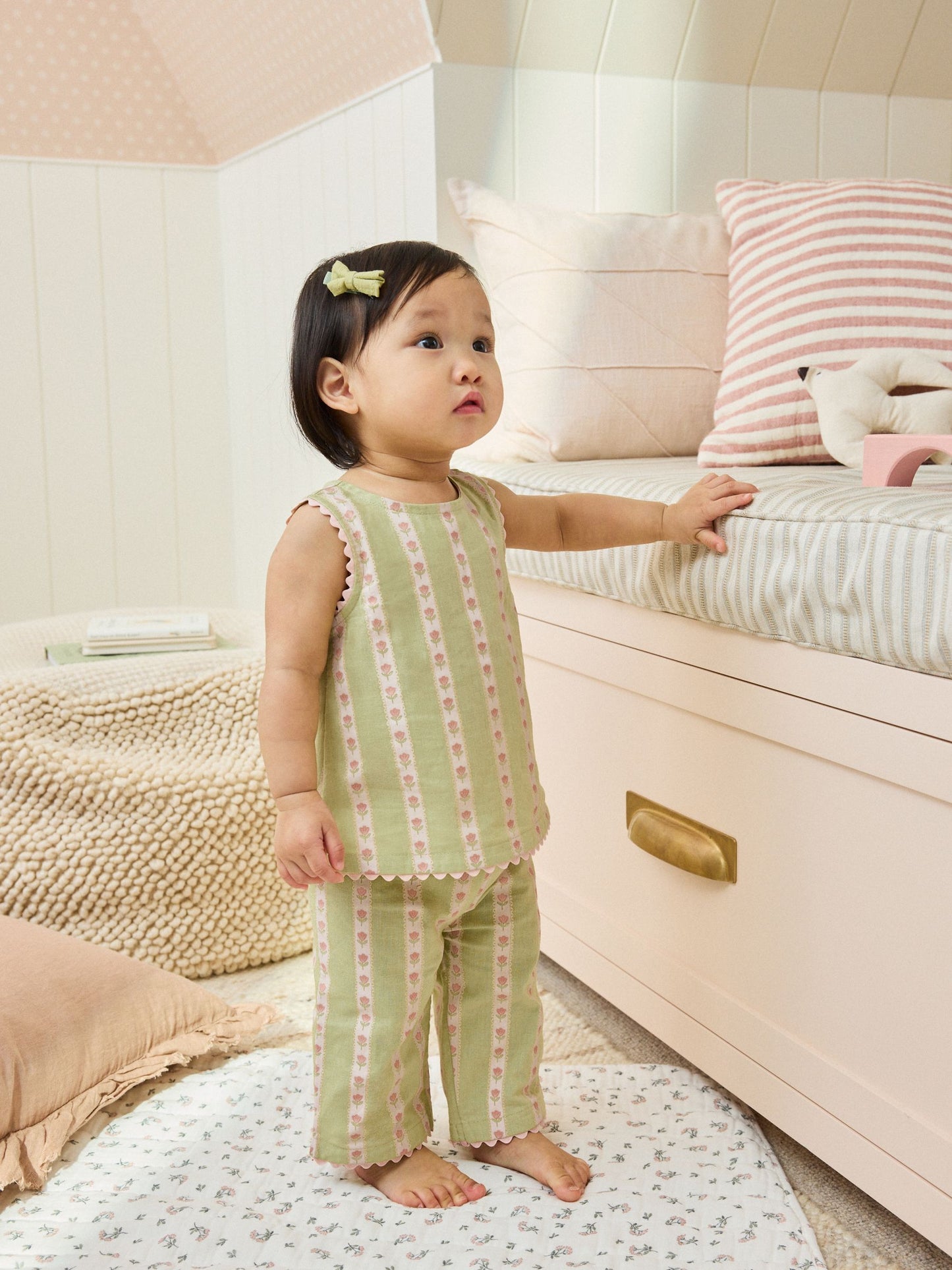 Green Floral Stripe Baby Woven Top and Trousers Set 2 Piece (0mths-2yrs) image 1
