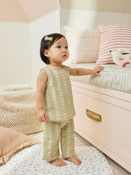 Green Floral Stripe Baby Woven Top and Trousers Set 2 Piece (0mths-2yrs) image 1