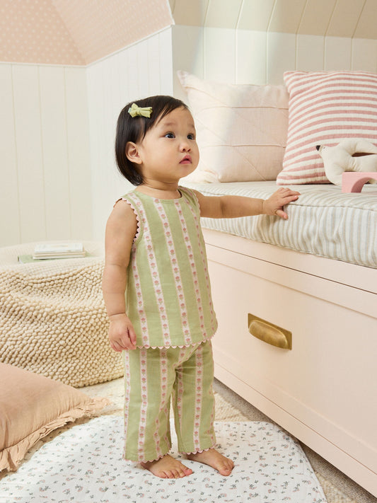 Green Floral Stripe Baby Woven Top and Trousers Set 2 Piece (0mths-2yrs) image 1