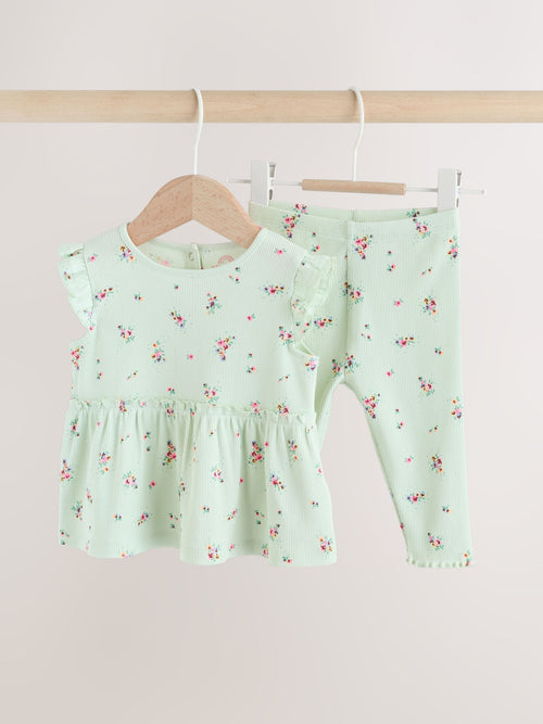 Dsiney Kidz - Sage Green Flower Rib Top and Leggings Baby Set 2 Piece (0mths-2yrs) image 1