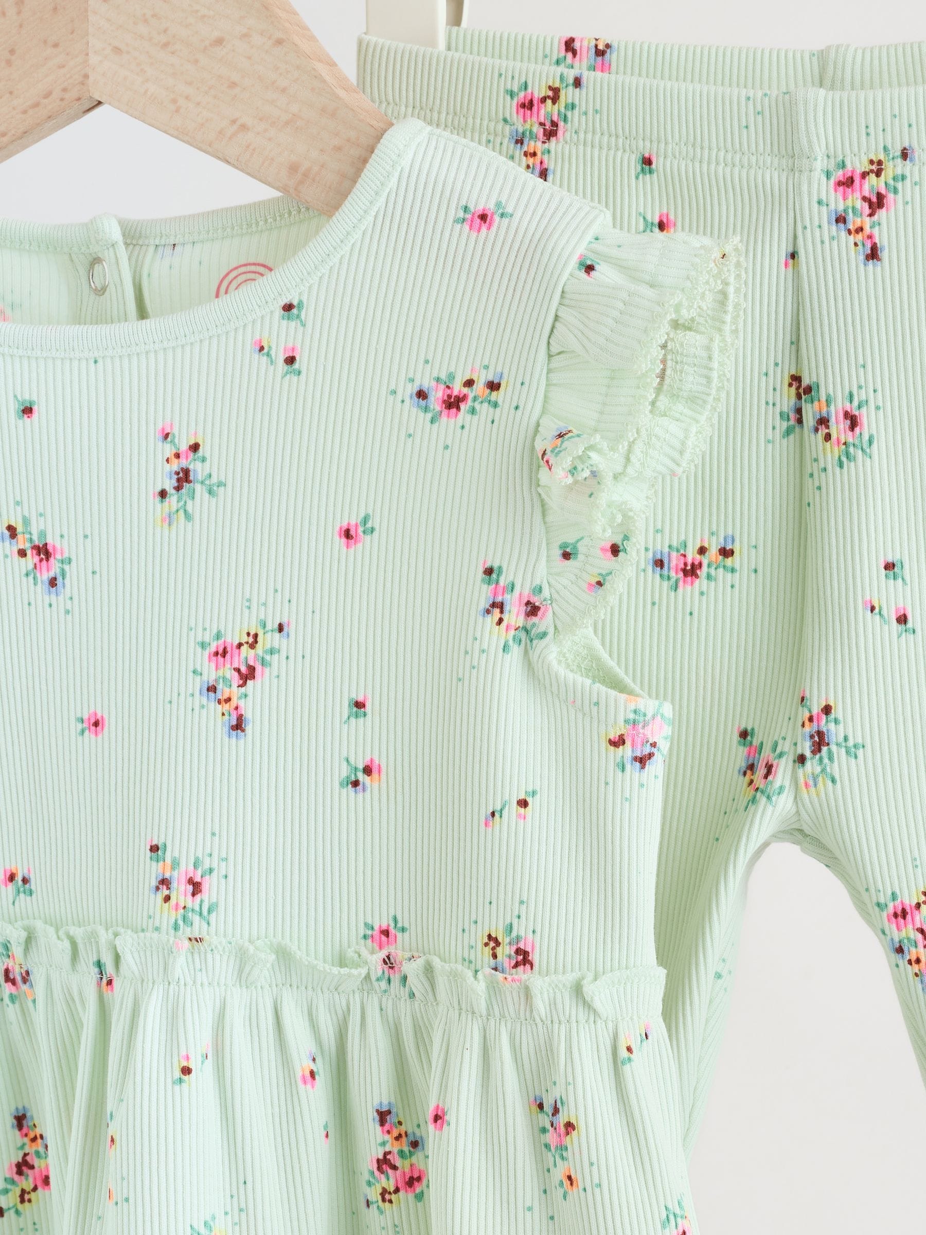 Sage Green Flower Rib Top and Leggings Baby Set 2 Piece (0mths-2yrs) image 7