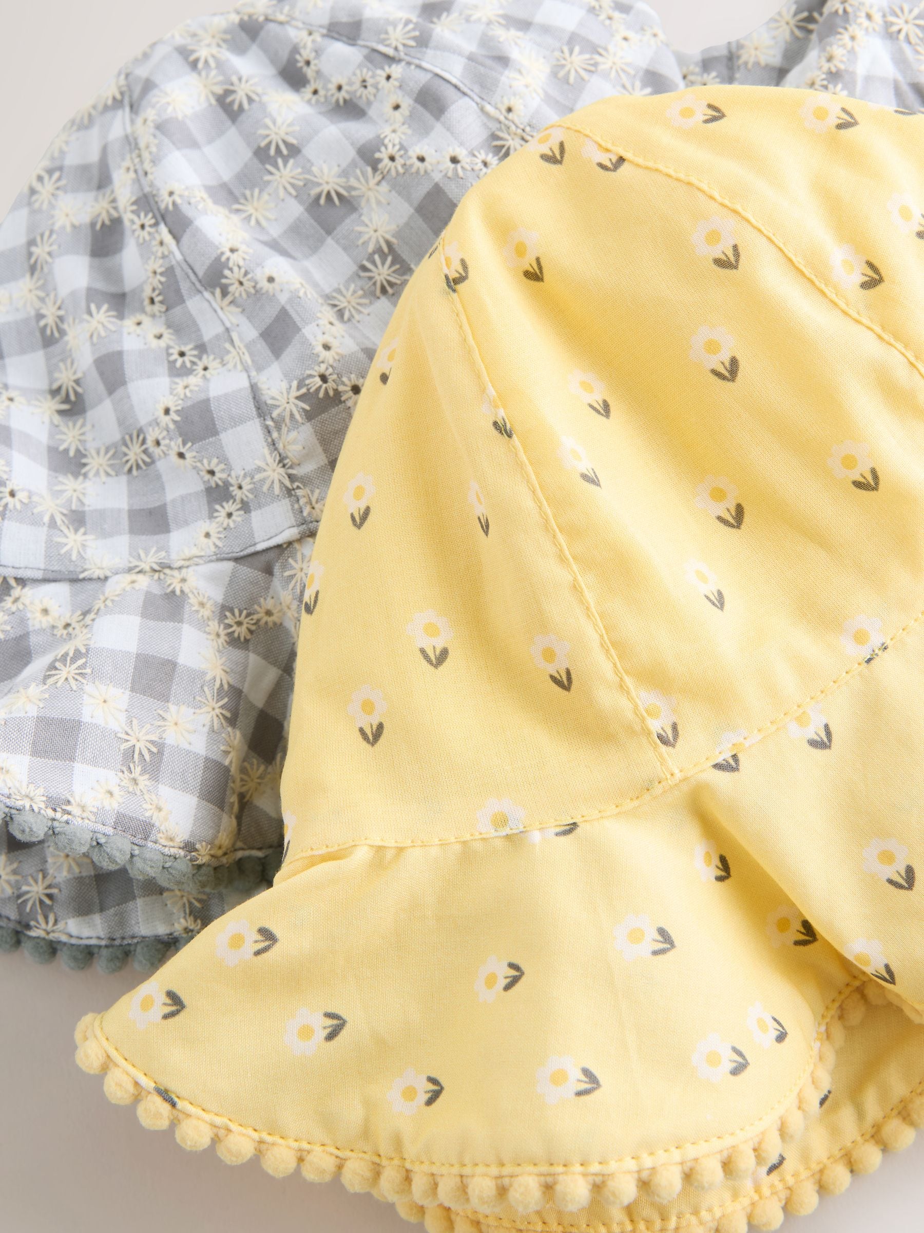 Yellow Floral Broderie and Grey Gingham Baby Bucket Hats 2 Pack (0mths-2yrs) image 4