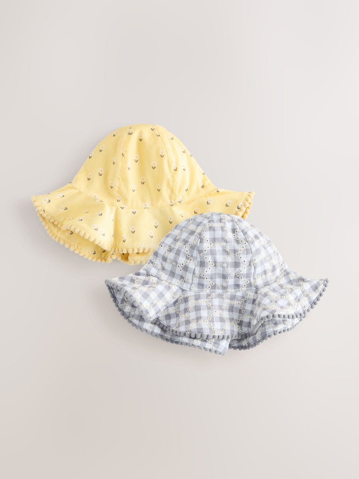 Yellow Floral Broderie and Grey Gingham Baby Bucket Hats 2 Pack (0mths-2yrs) image 1
