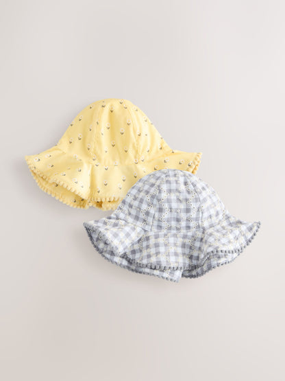 Yellow Floral Broderie and Grey Gingham Baby Bucket Hats 2 Pack (0mths-2yrs) image 1
