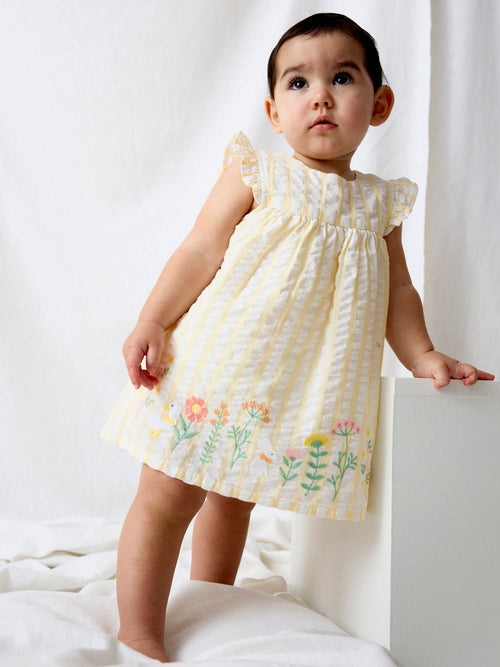 JoJo Maman Bébé Yellow Bunny Embroidered Dress, Knicker and Hat Set image 1
