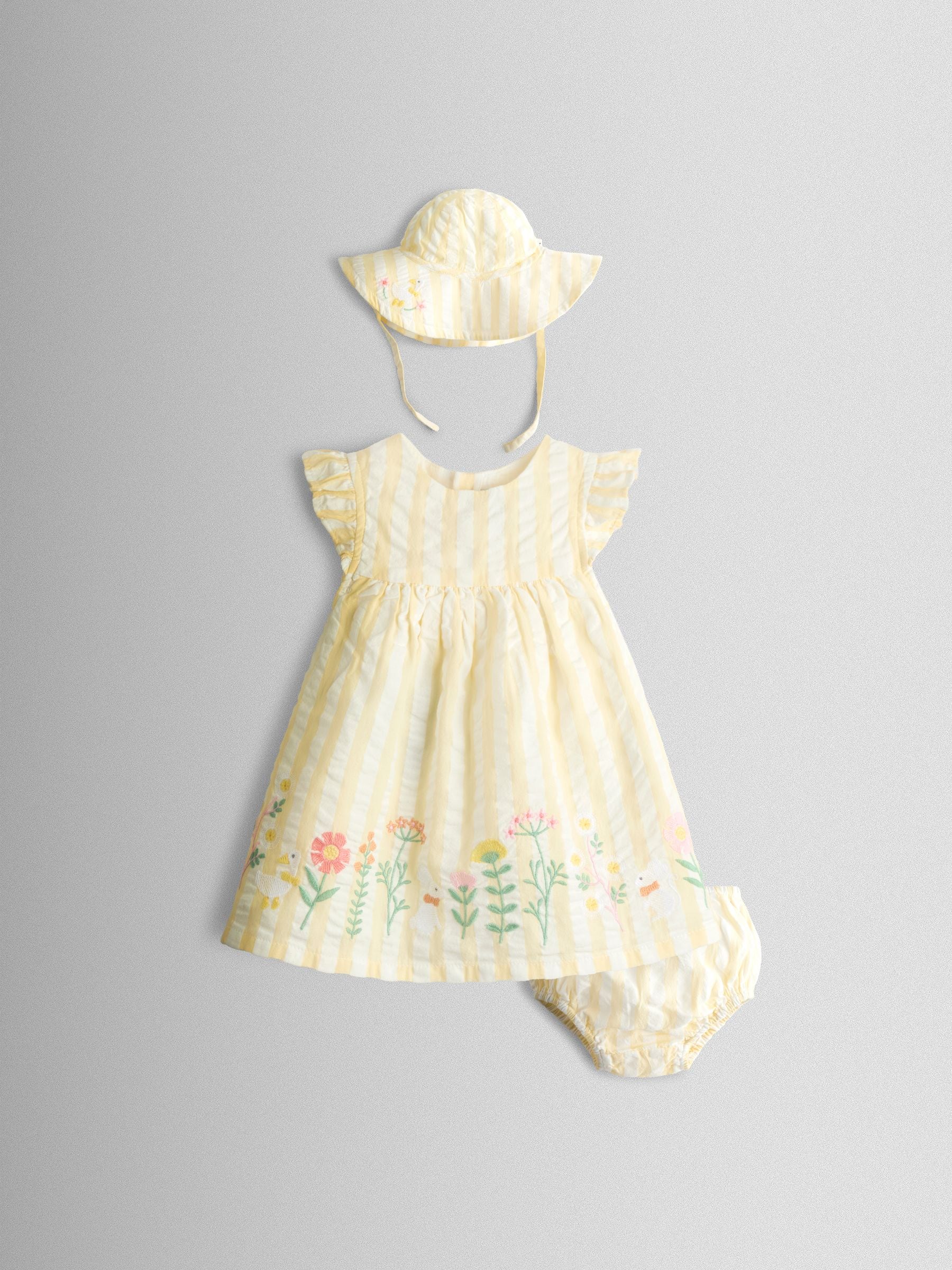 JoJo Maman Bébé Yellow Bunny Embroidered Dress, Knicker and Hat Set image 3