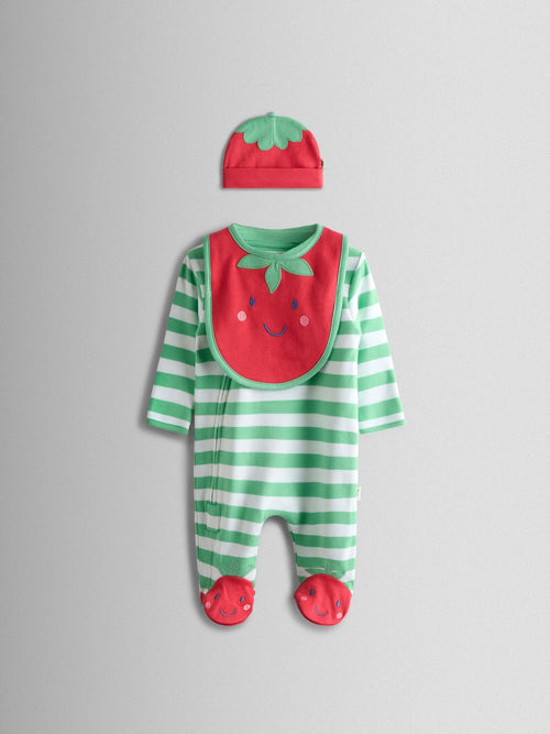 JoJo Maman Bébé Green Tomato Appliqué Cotton Footed Zip Sleepsuit, Hat and Bib Set image 1