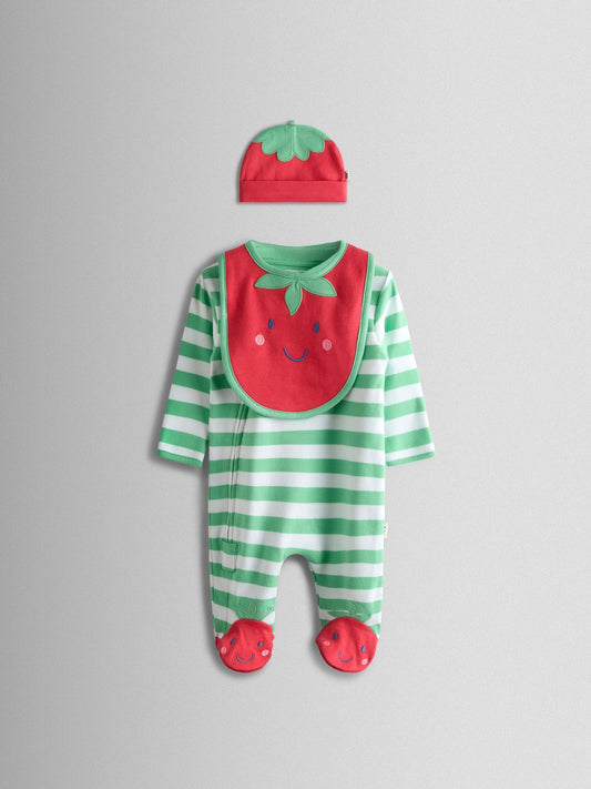 JoJo Maman Bébé Green Tomato Appliqué Cotton Footed Zip Sleepsuit, Hat and Bib Set image 1