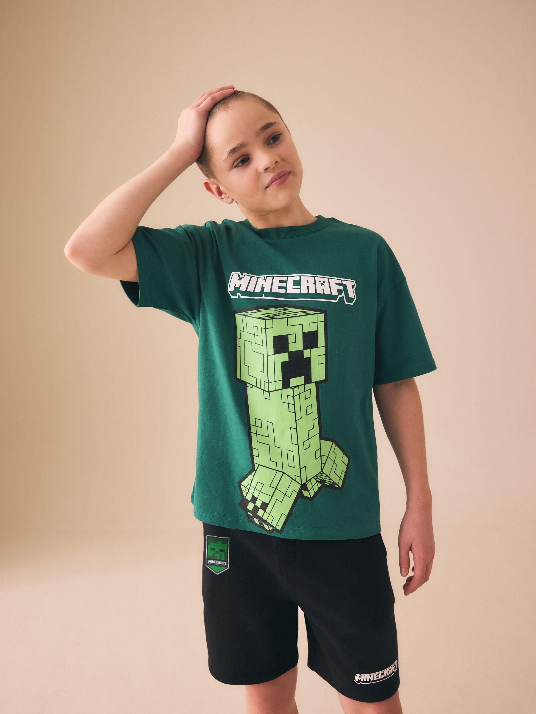 Dark Green/Black Minecraft T-Shirt and Shorts Set (3-16yrs) image 1