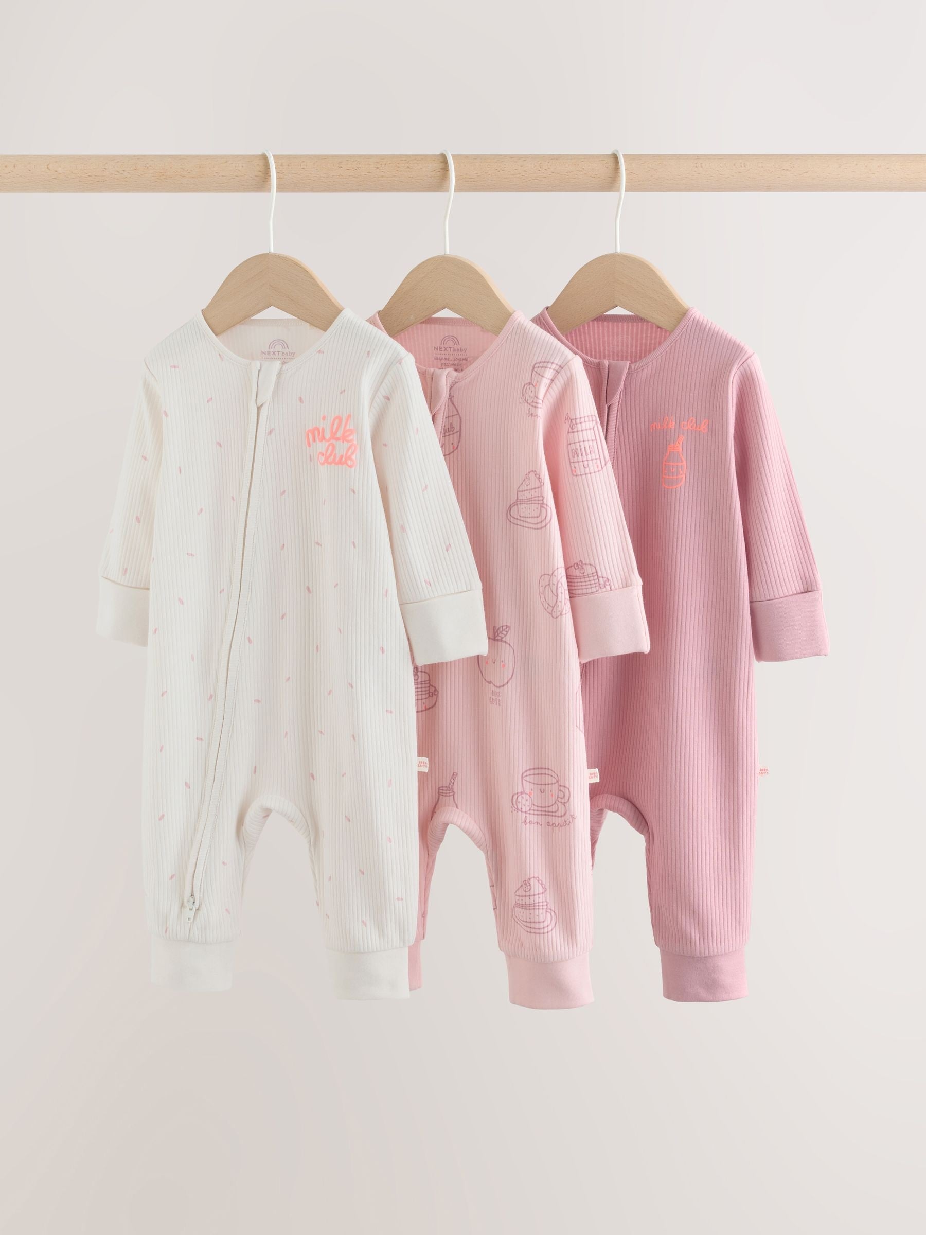 Pink Two Way Zip Baby Sleepsuit 3 Pack (0mths-3yrs) image 1