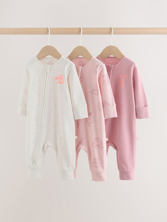 Pink Two Way Zip Baby Sleepsuit 3 Pack (0mths-3yrs) image 1